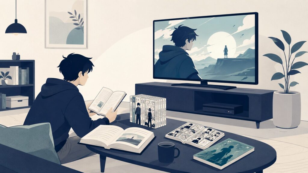 テレビアニメを見ながら原作小説と漫画版とスピンオフを確認するファンの部屋