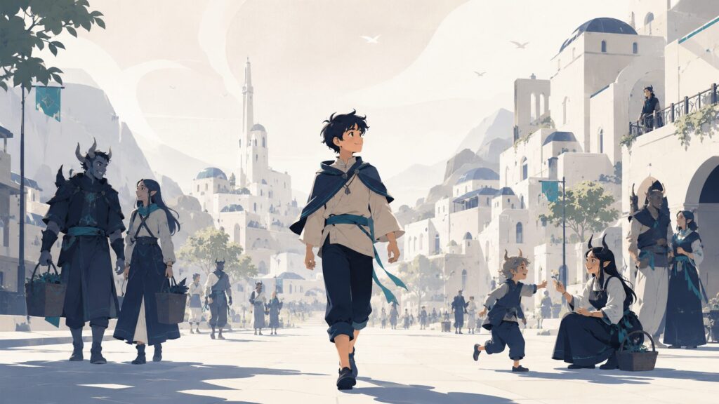 人間と魔族が同じ街で笑い合い村人の少年が自由な未来へ歩き出す平和なシーン