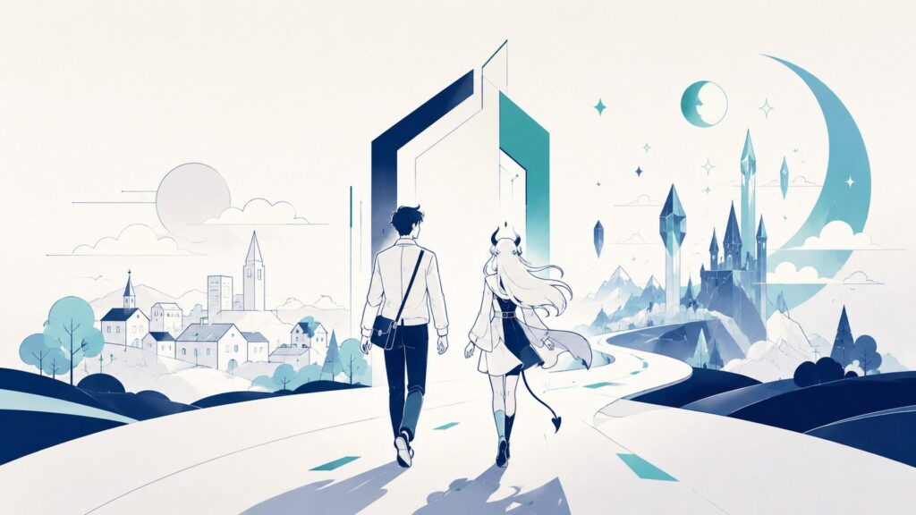 鏡浩二とアリスが人間と魔族の境界を越えて旅立つ幻想的な道のシーン