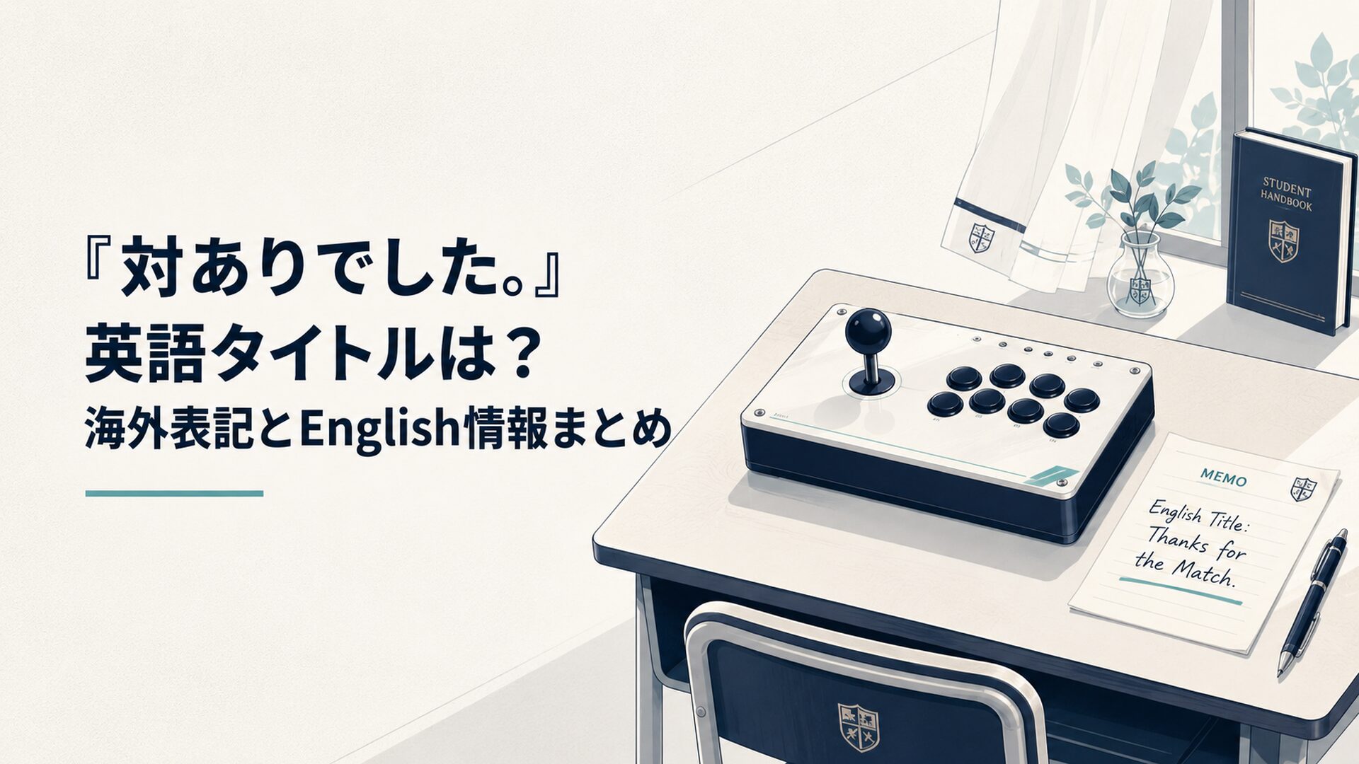 お嬢さま学校の机に置かれたアーケードコントローラーと英語タイトルのメモ