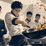 漫画原稿と中華鍋を中心に西条真二の漫画家人生と多彩な代表作をイメージしたビジュアル