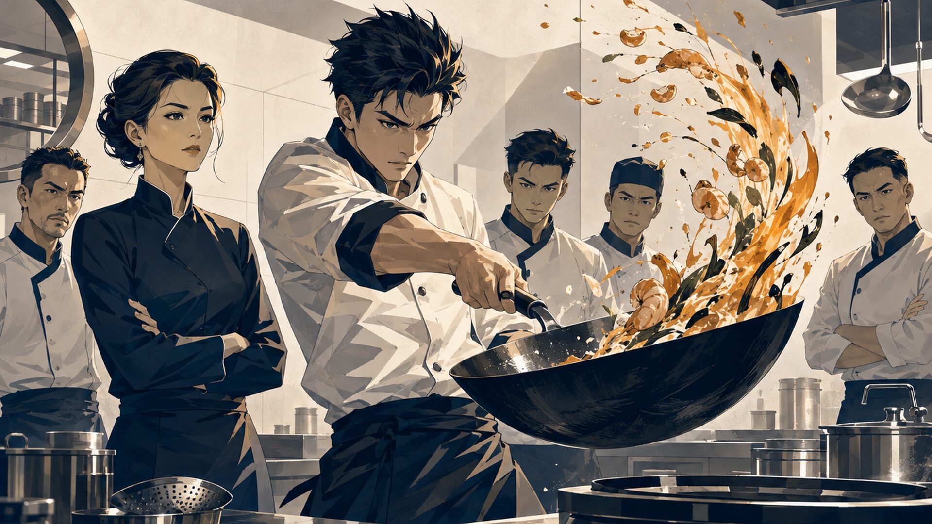 漫画原稿と中華鍋を中心に西条真二の漫画家人生と多彩な代表作をイメージしたビジュアル